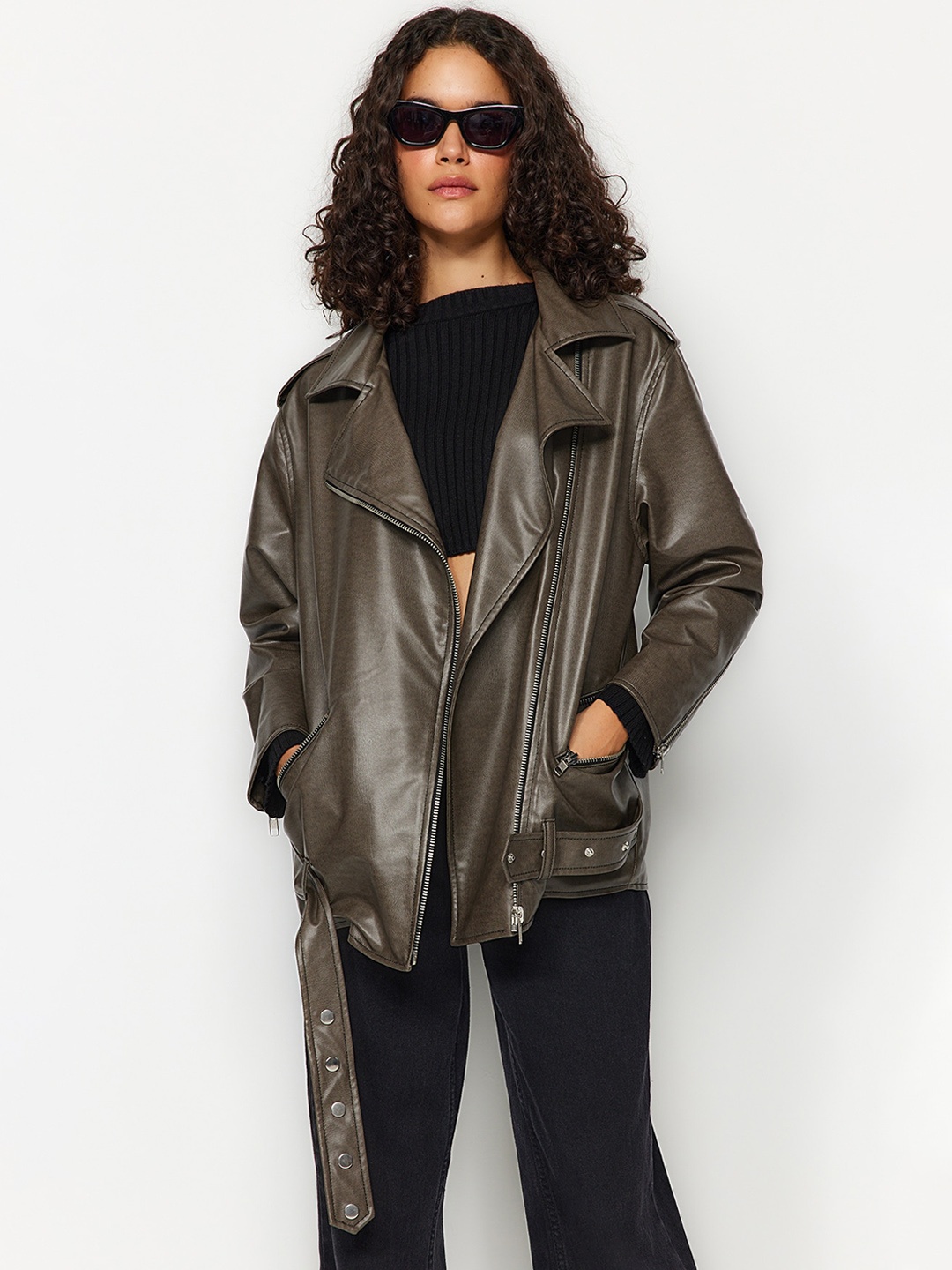 

Trendyol Spread Collar Longline Biker Jacket, Brown