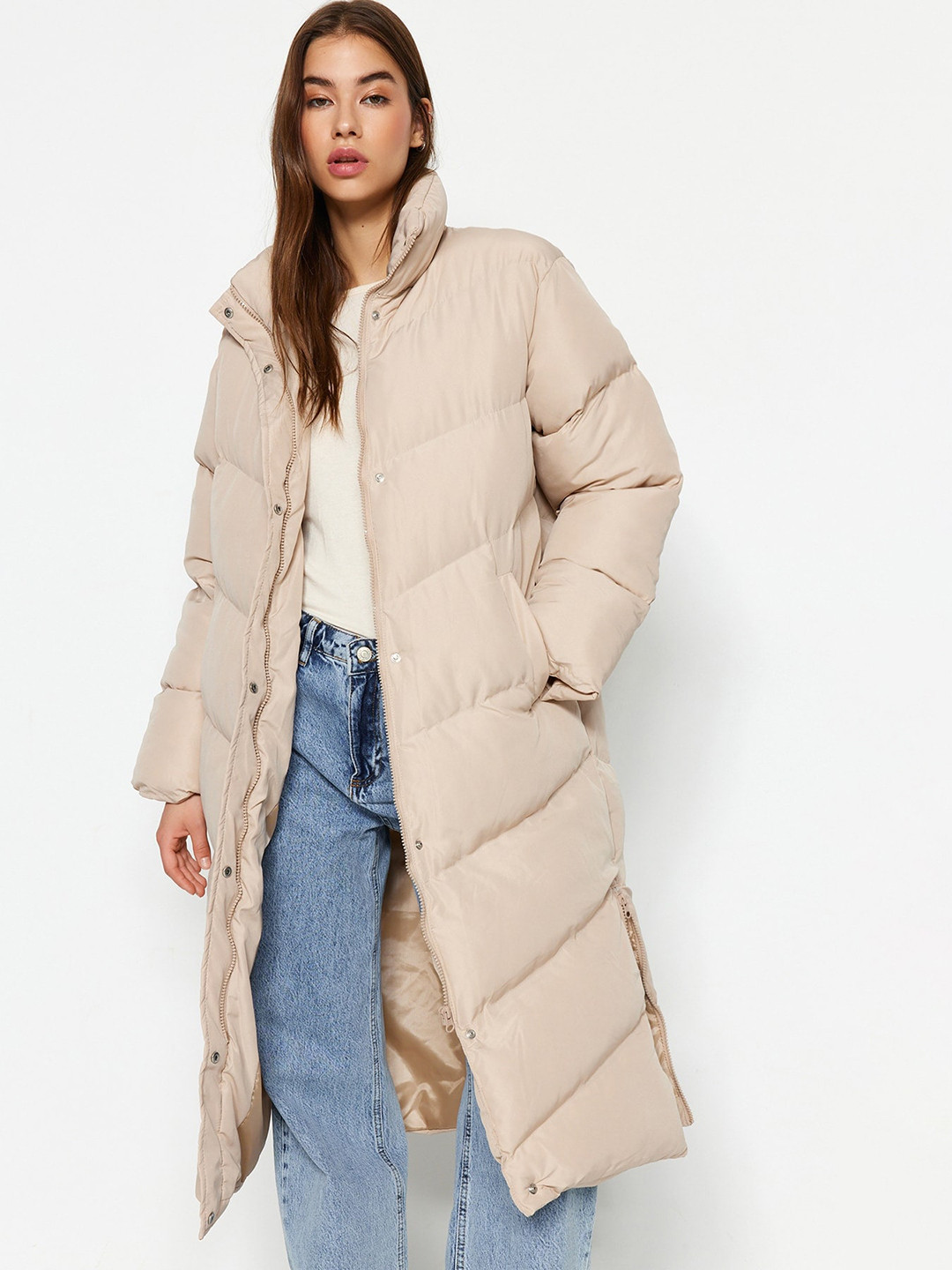 

Trendyol Mock Collar Single-Breasted Overcoat, Beige