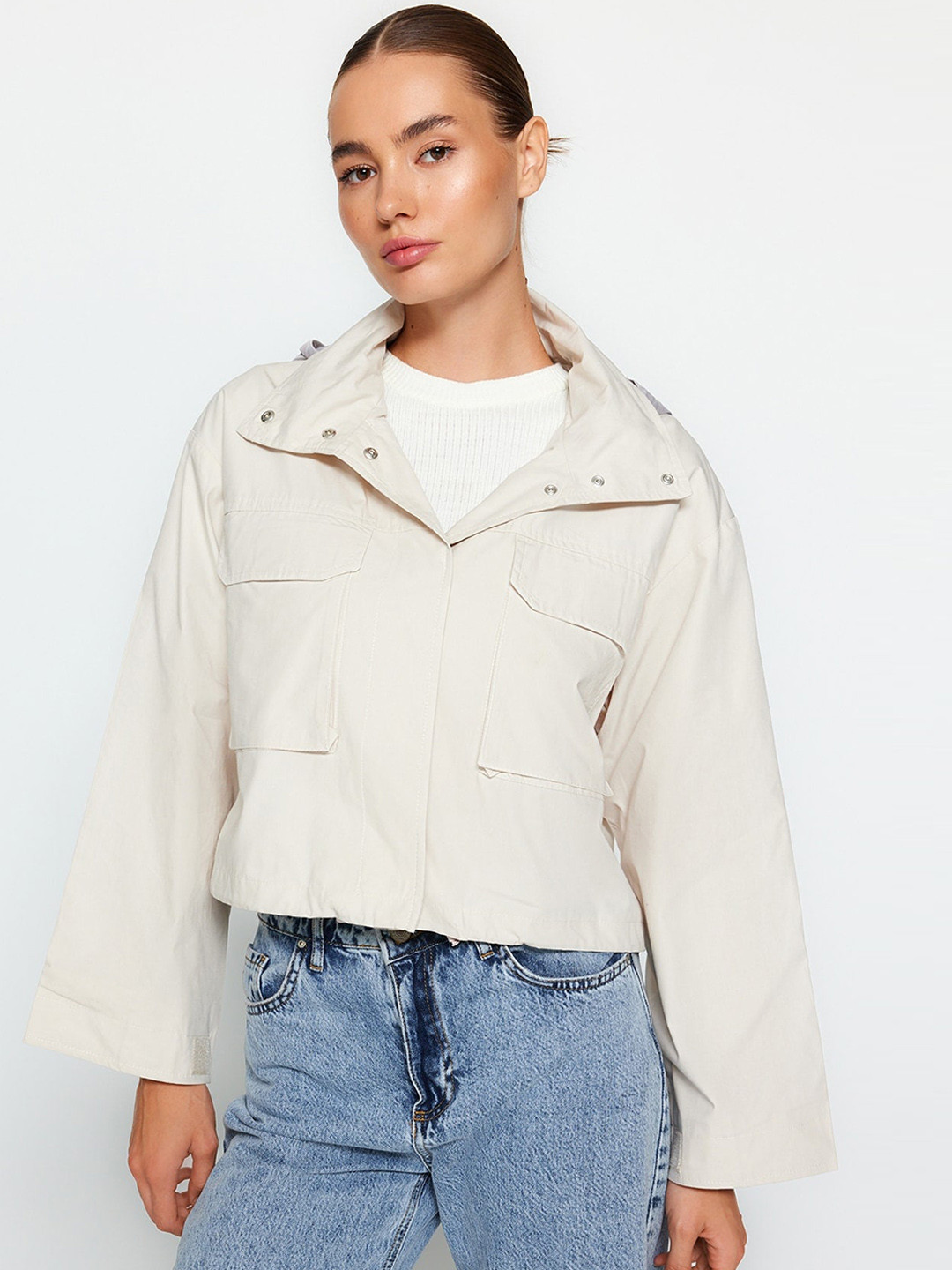 

Trendyol Hooded Crop Tailored Jacket, Beige