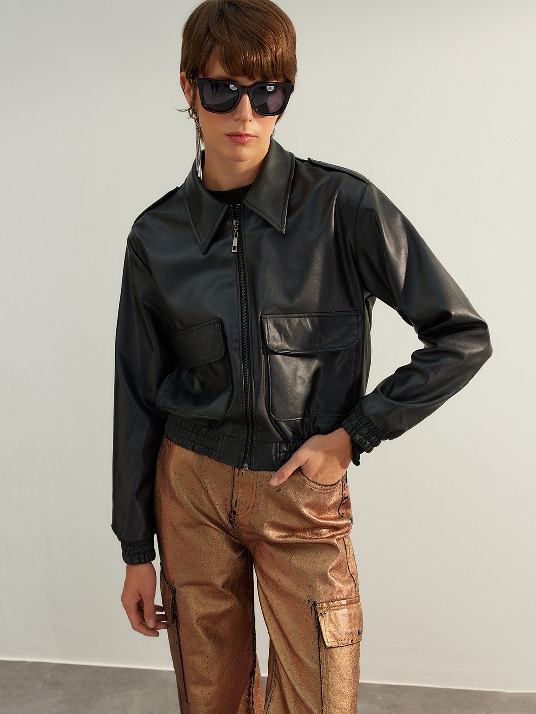 

Trendyol Spread Collar Long Sleeves Zip Detail PU Biker Jacket, Black