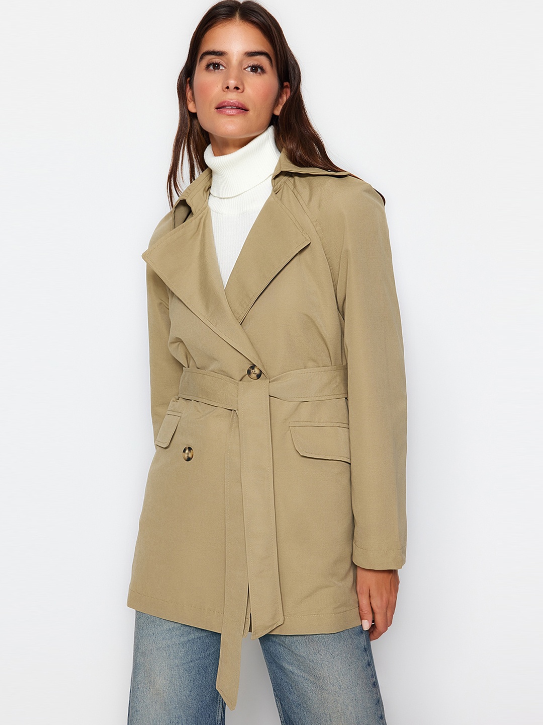 

Trendyol Notched Lapel Double-Breasted Overcoat, Beige