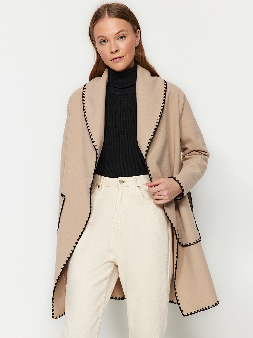

Trendyol Single-Breasted Pure Cotton Tie-Ups Longline Overcoat, Beige