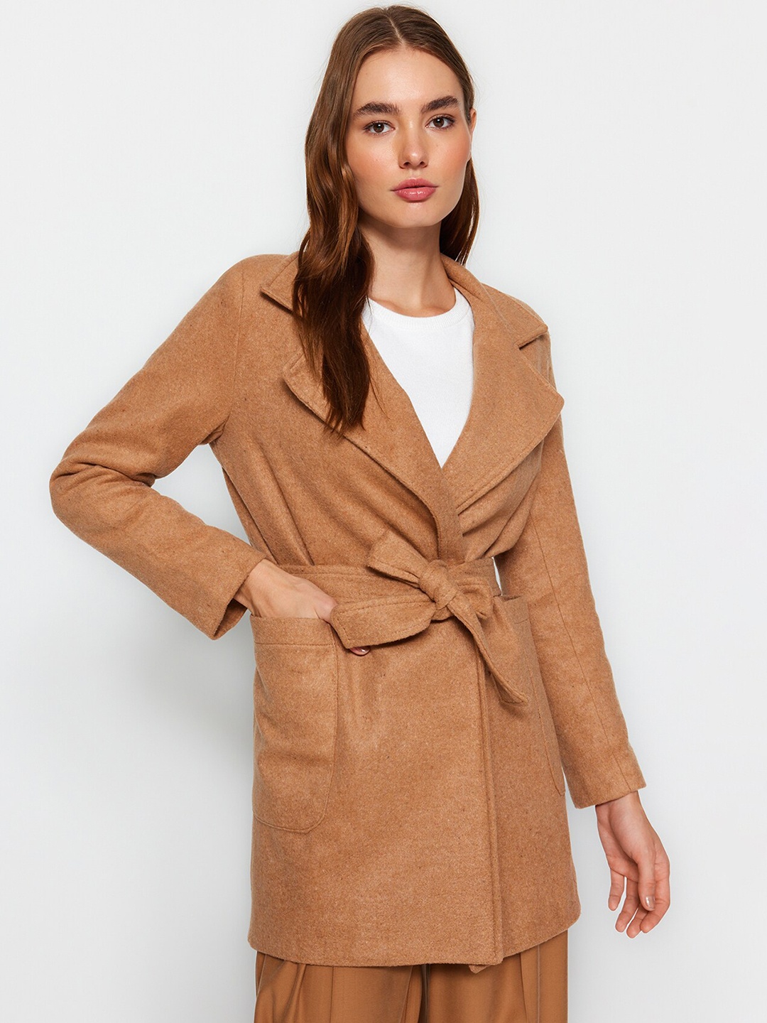 

Trendyol Single-Breasted Tie-Ups Longline Overcoat, Camel brown