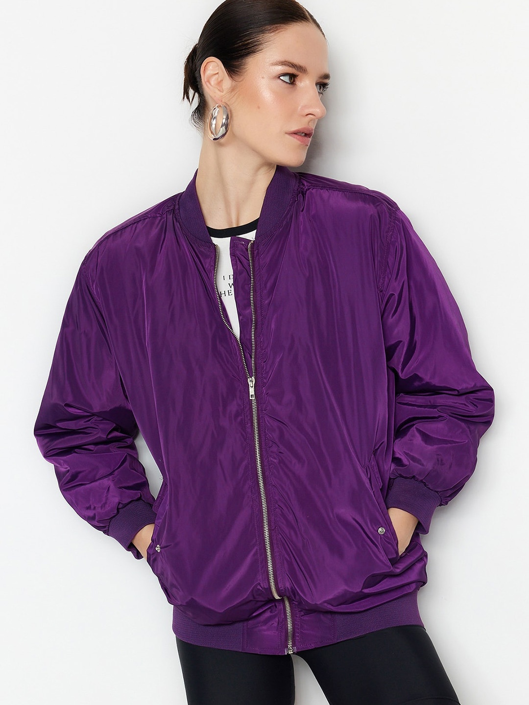 

Trendyol Mock Collar Long Sleeves Zip Detail Bomber Jacket, Purple