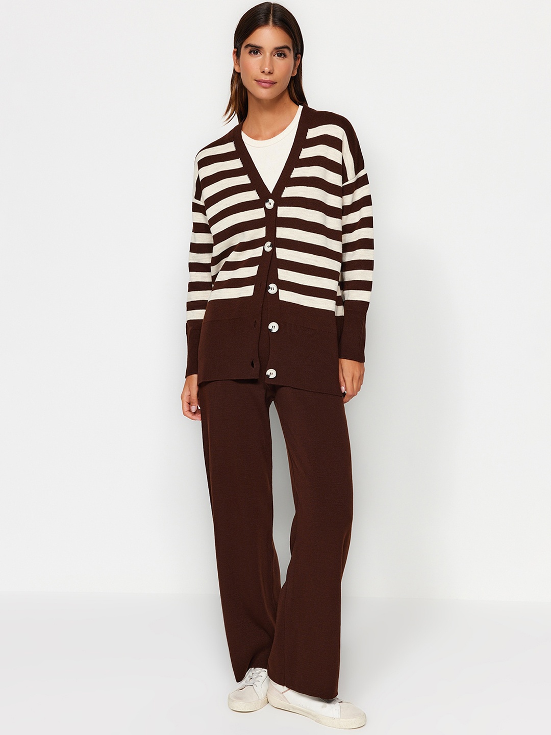 

Trendyol Striped V-Neck Acrylic Sweater & Trousers Co-Ords, Coffee brown