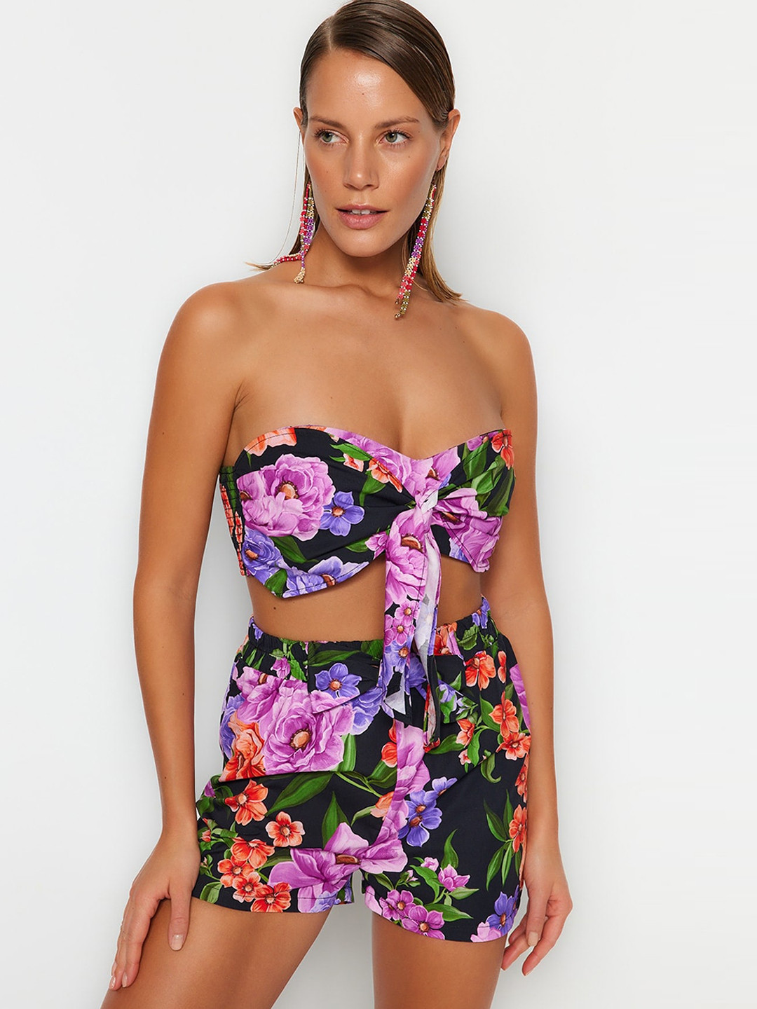 

Trendyol Printed Off Shoulder Pure Cotton Crop Top With Shorts Co-Ords, Purple