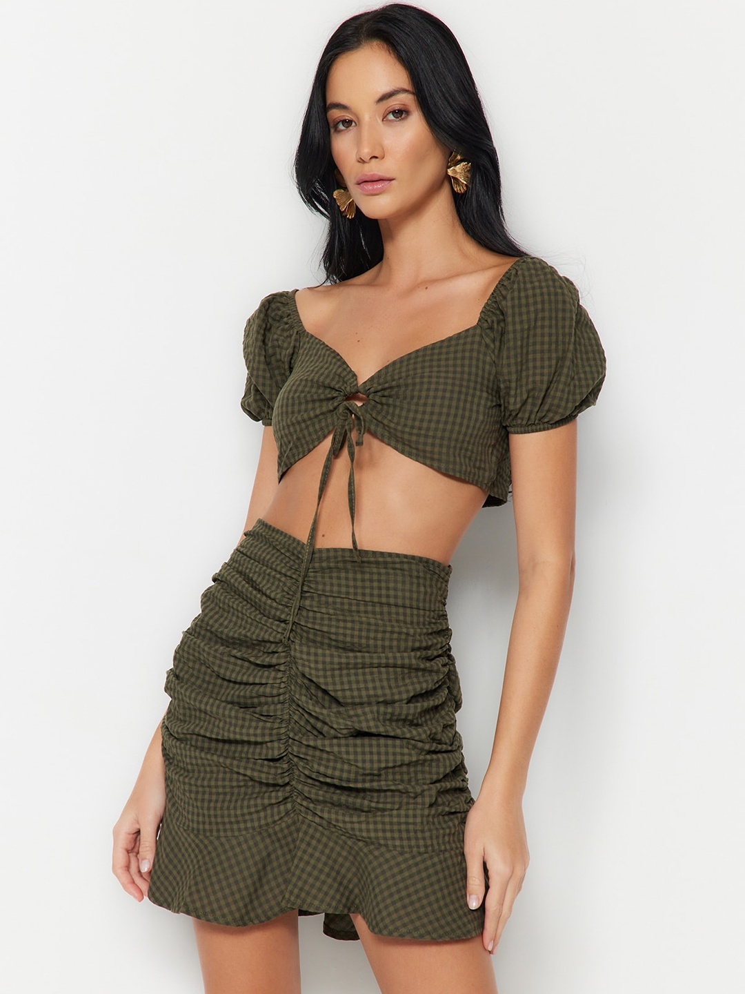 

Trendyol Checked Crop Top With Skirts Co-Ords, Green