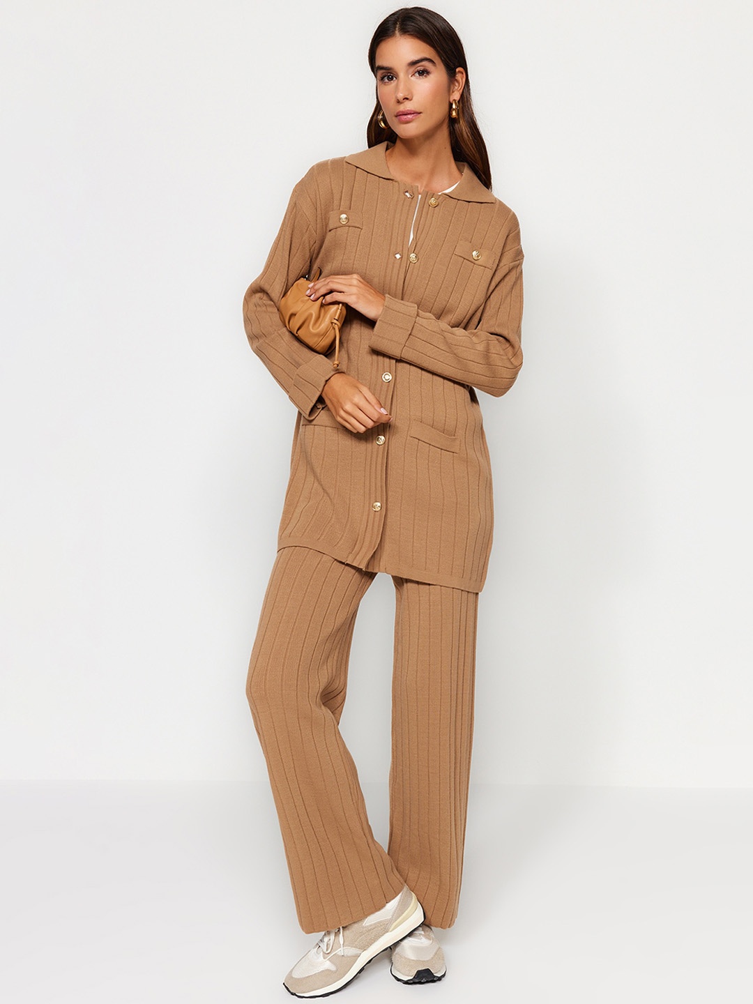 

Trendyol Shirt Collar Sweater With Trouser Co-Ords, Brown