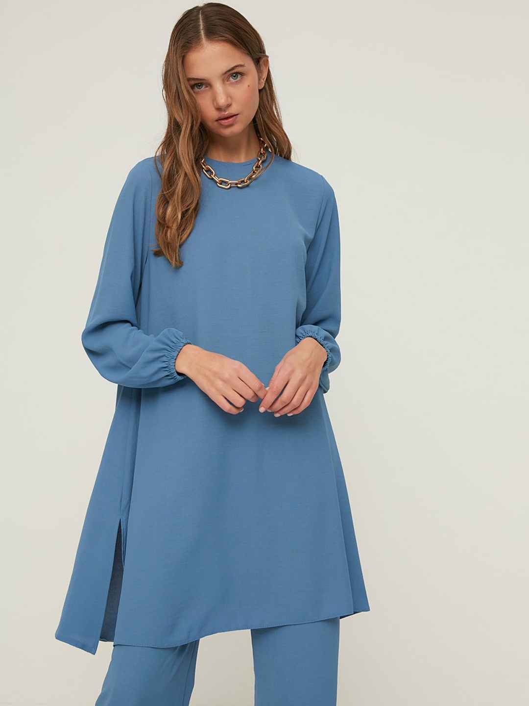 

Trendyol Round Neck Tunic With Trousers Co-Ords, Blue