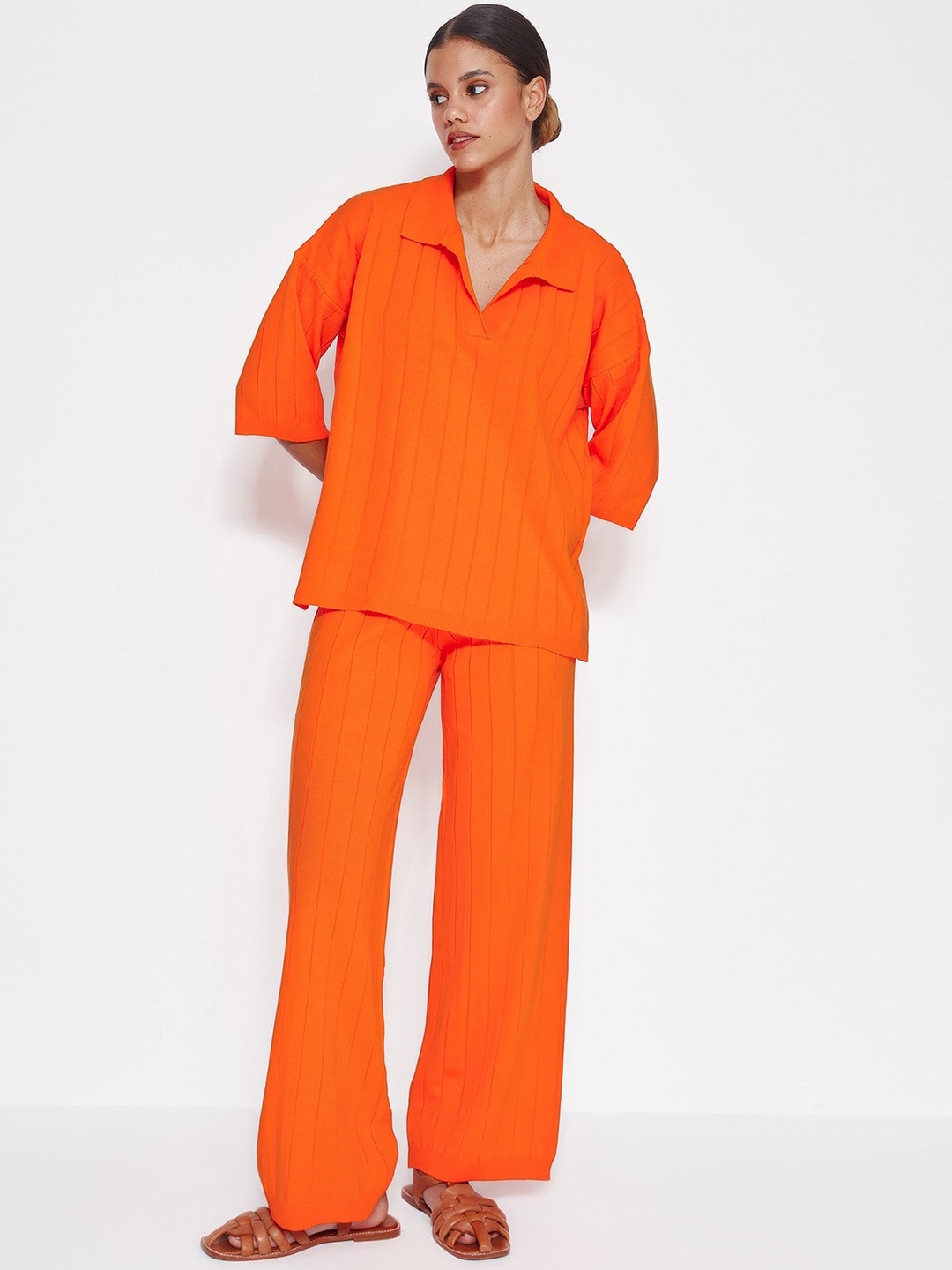

Trendyol Striped Shirt Collar Pure Acrylic Top With Trousers, Orange