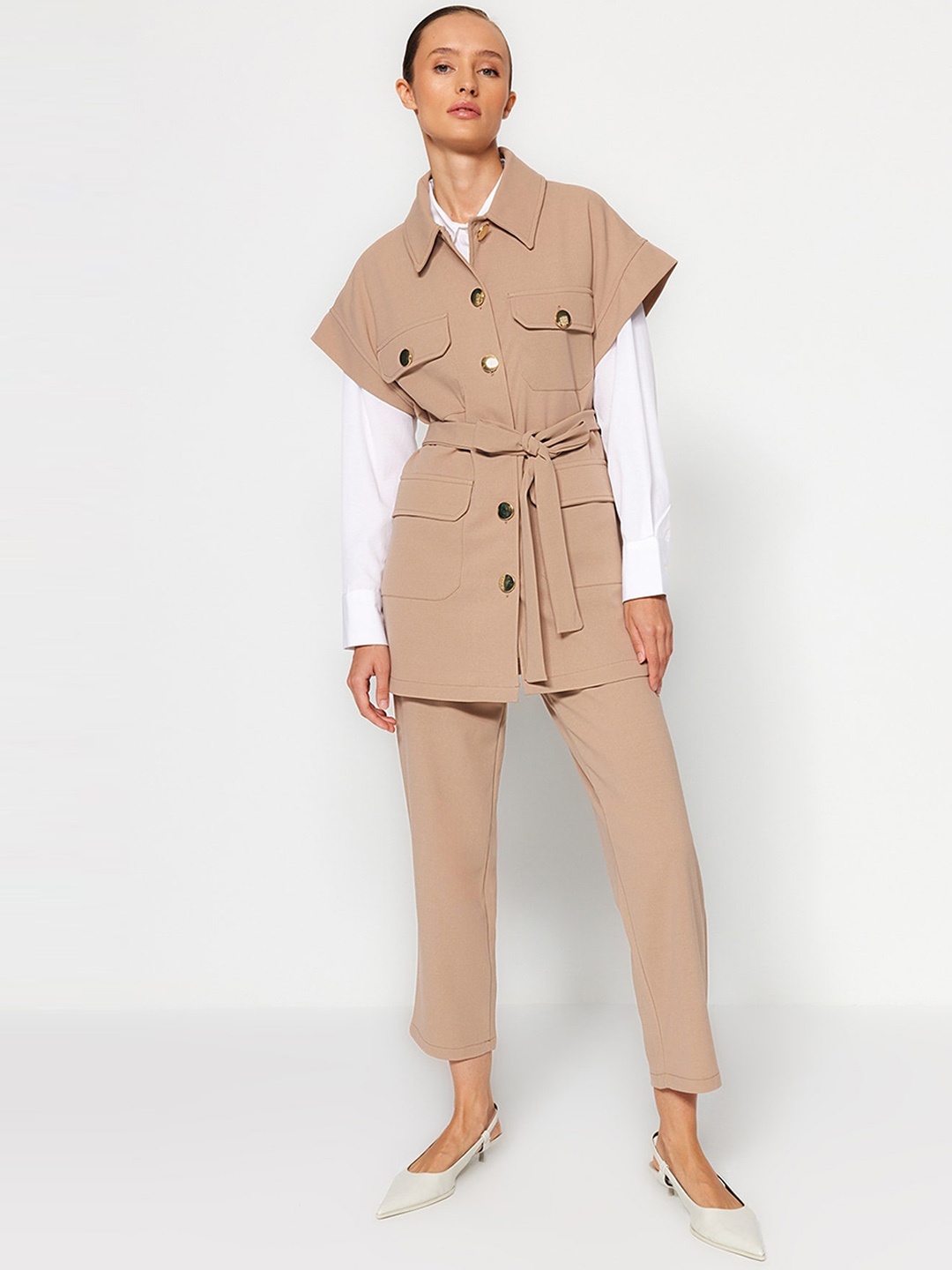 

Trendyol Shirt Collar Longline Coat With Trousers, Peach