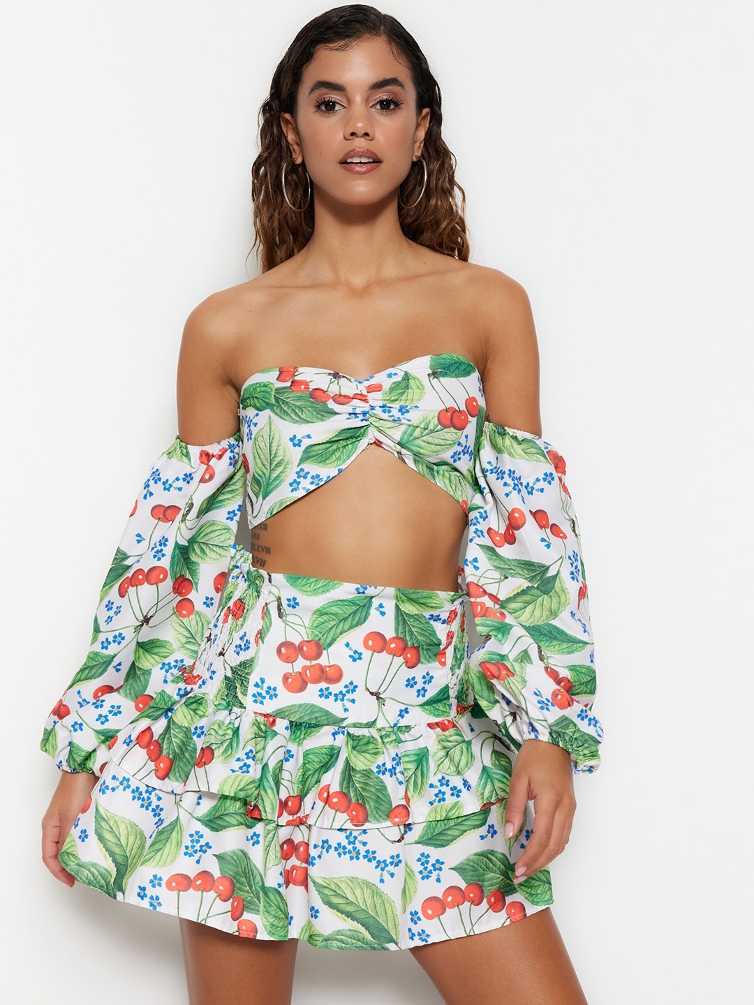 

Trendyol Tropical Printed Top With Skirts, White