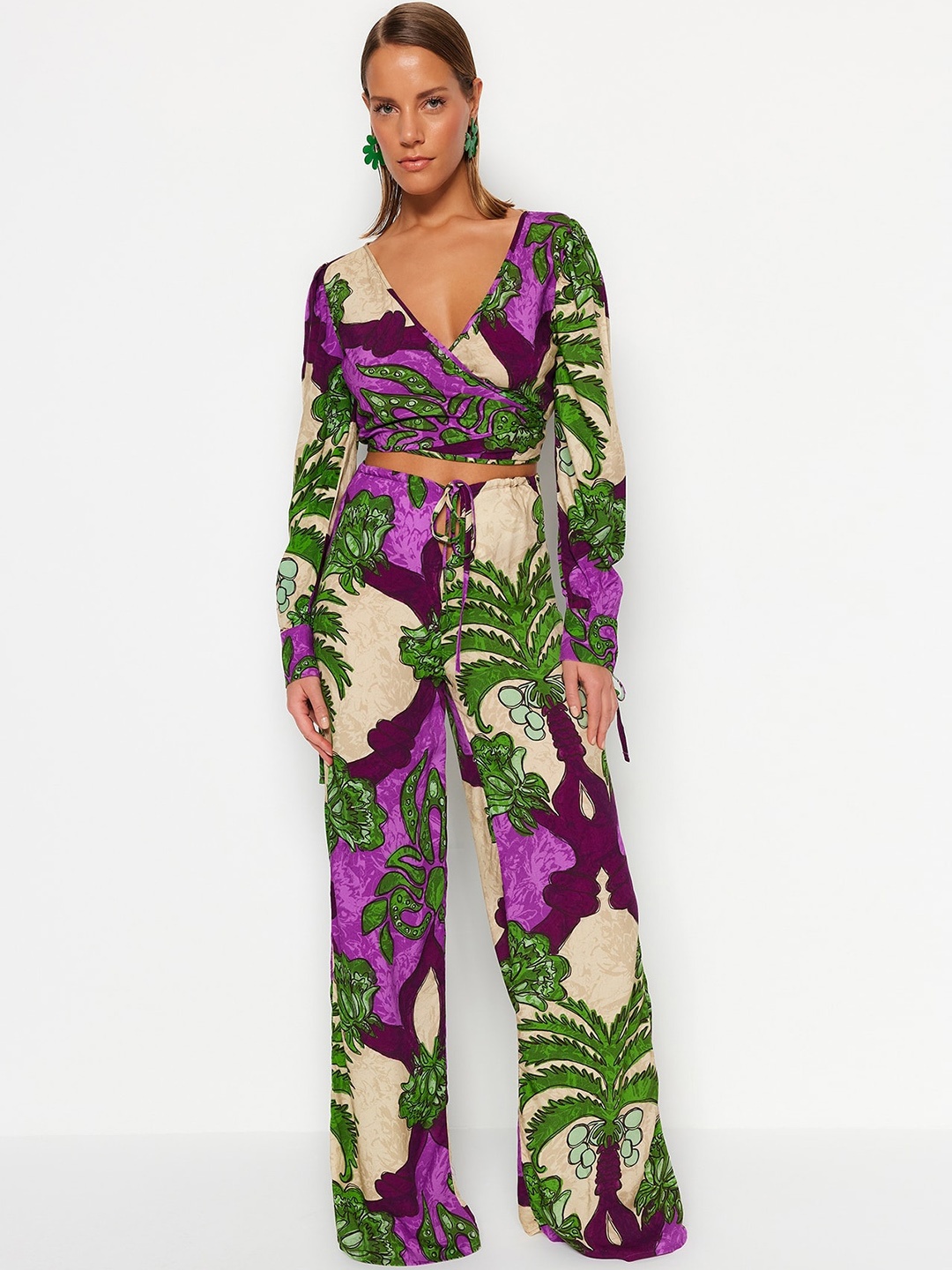 

Trendyol Tropical Printed Crop Top With Palazzos, Purple