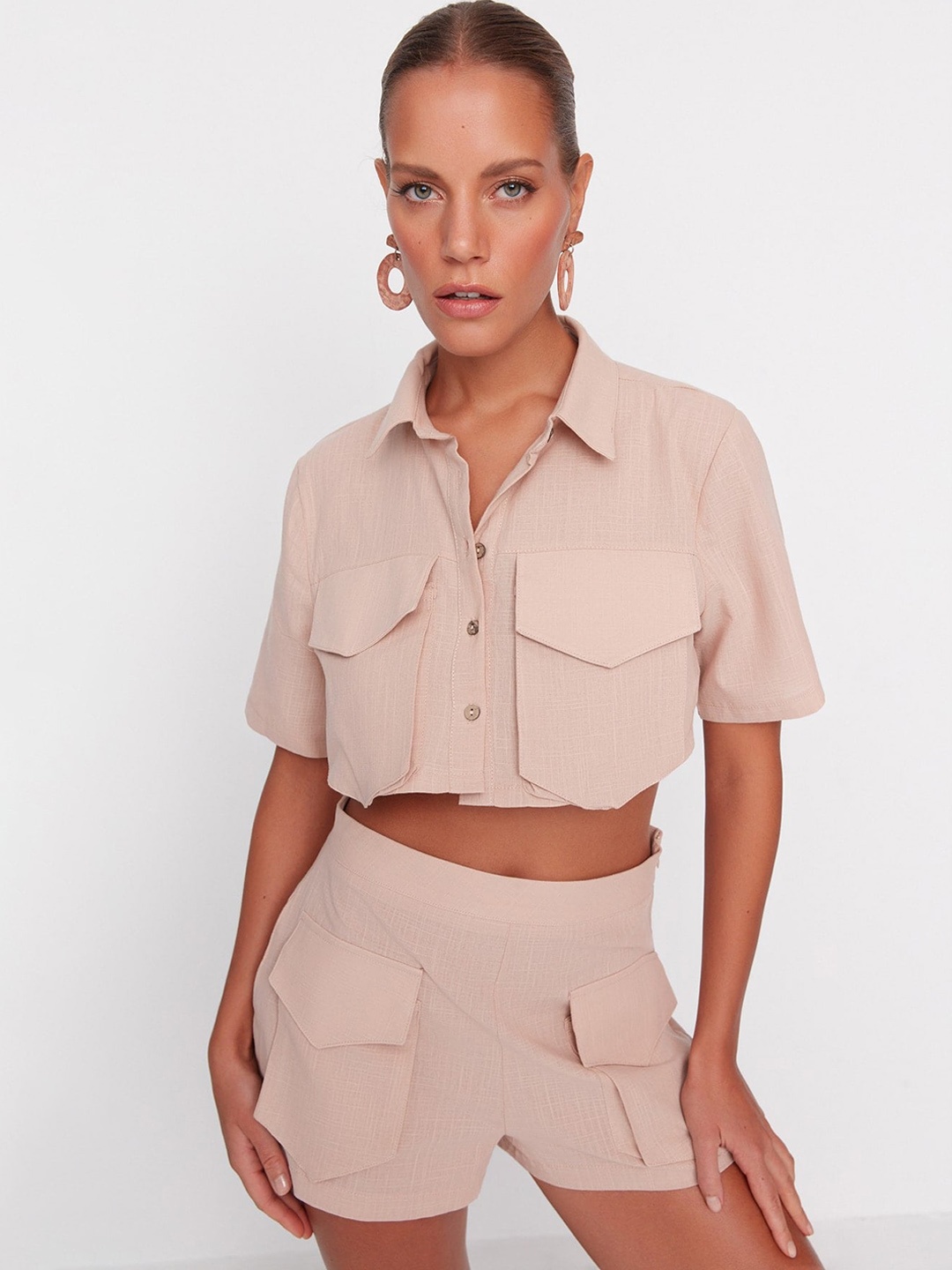 

Trendyol Shirt Collar Pure Cotton Shirt With Shorts, Beige