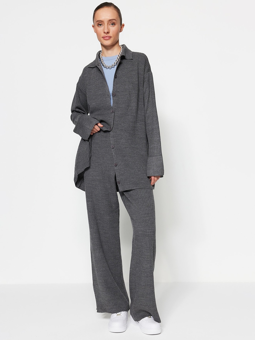 

Trendyol Shirt Collar Sweater With Trousers Co-Ords, Grey