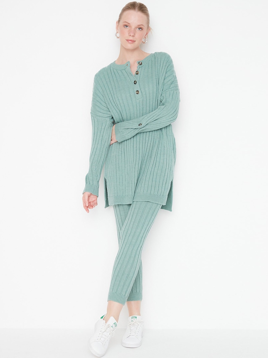

Trendyol Striped Mandarin Collar Sweatshirt With Leggings Acrylic Co-Ords, Green