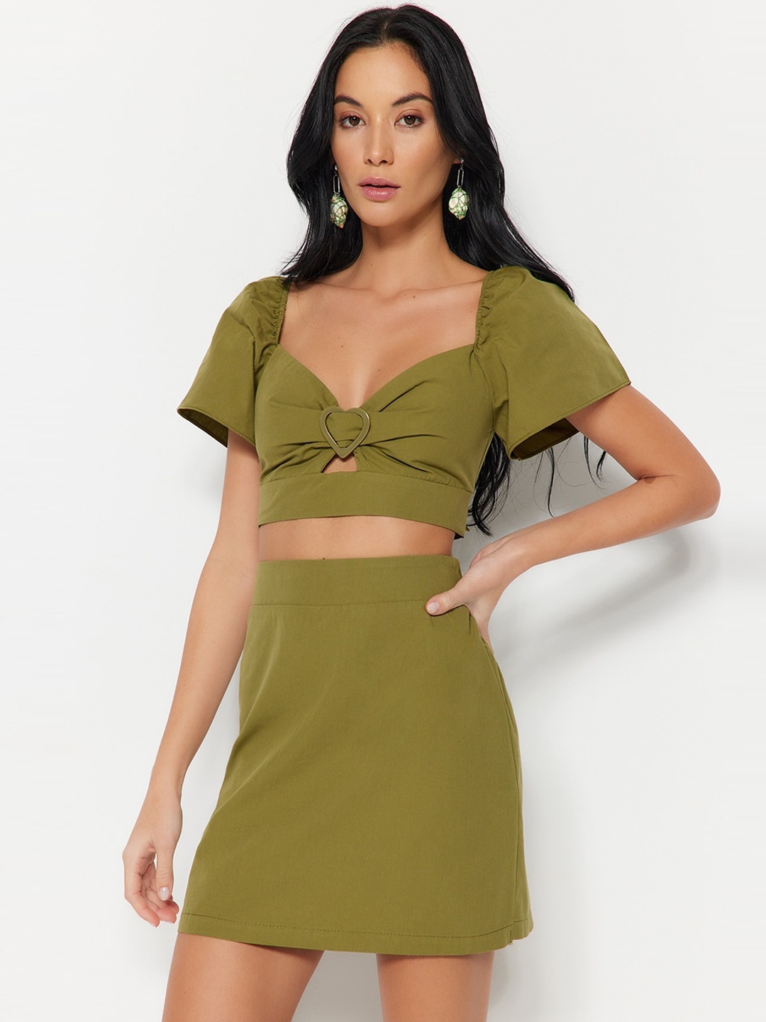 

Trendyol Sweetheart Neck Pure Cotton Crop Top With Skirt Co-Ords, Green