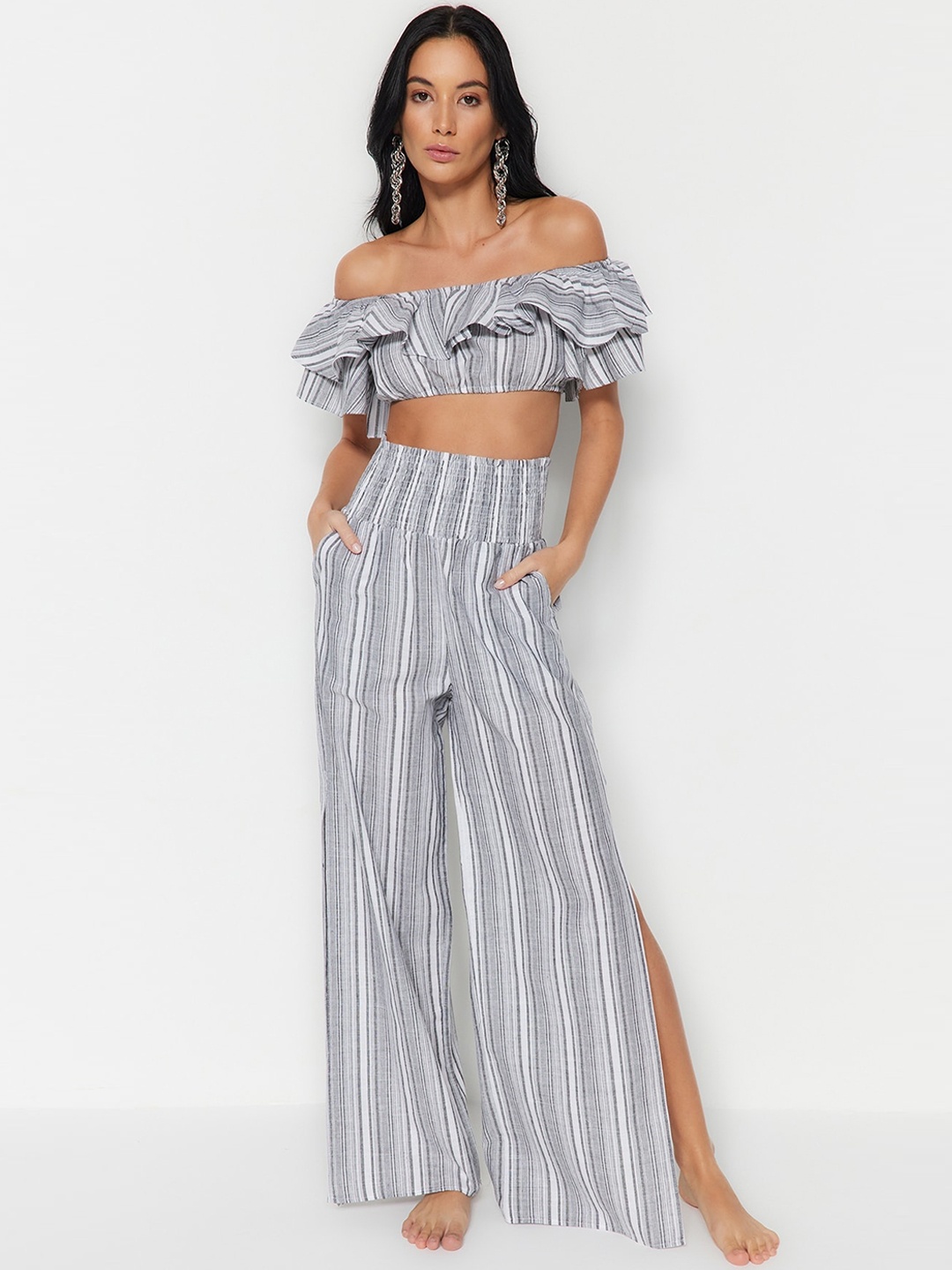 

Trendyol Vertical Striped Top With Palazzo Co-Ords, Grey