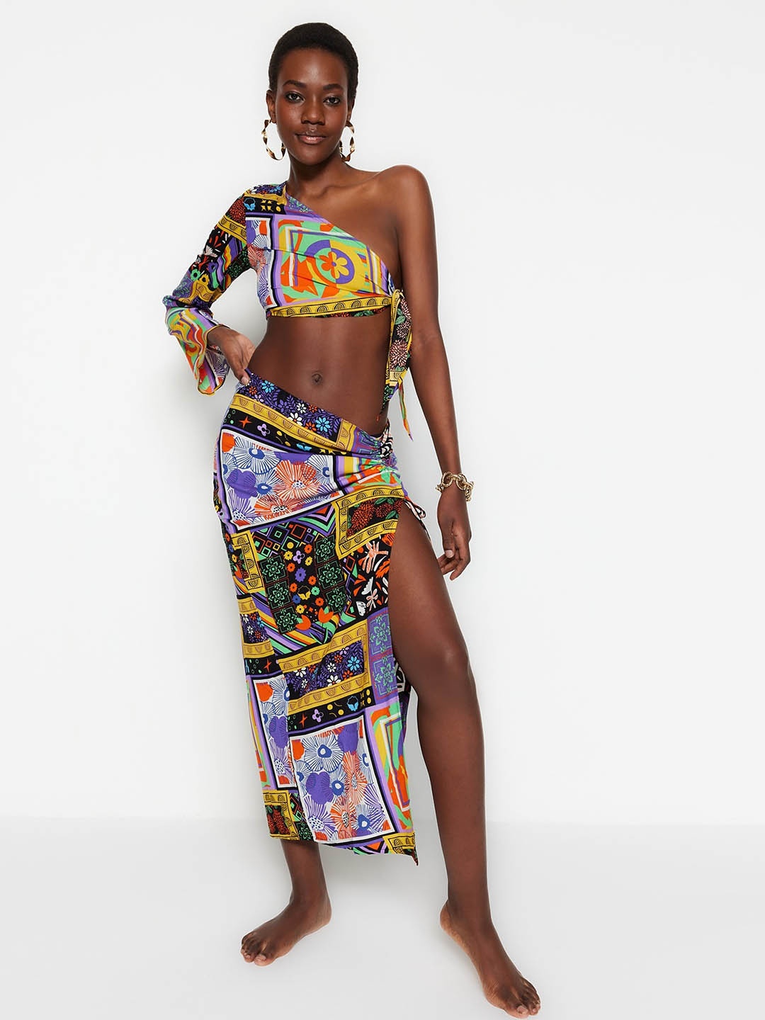 

Trendyol Printed One Shoulder Top With High Slit Ruched Skirt, Purple