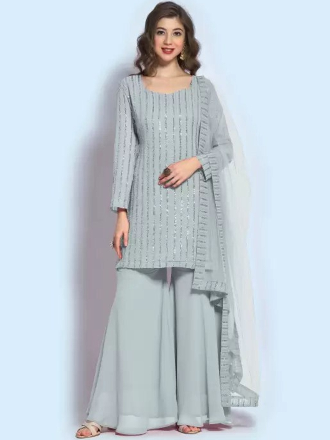 

SIDYAL Striped Embroidered Zari Semi-Stitched Dress Material, Grey