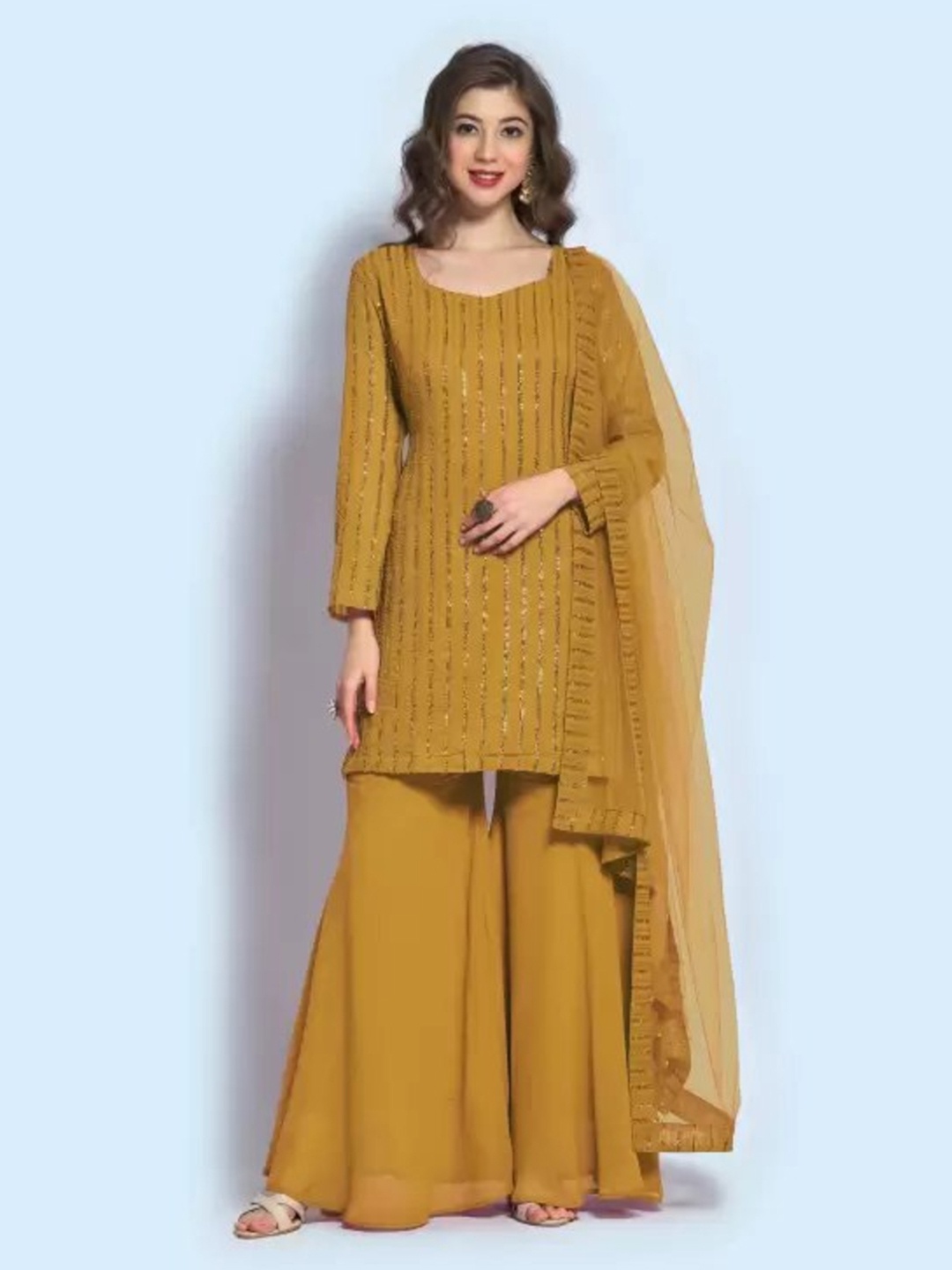 

SIDYAL Striped Embroidered Zari Semi-Stitched Dress Material, Mustard