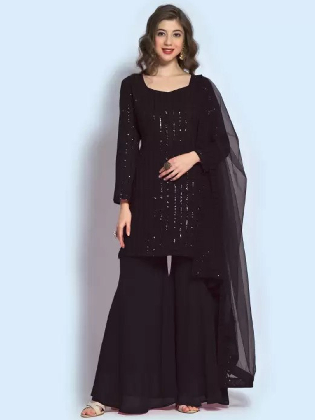 

SIDYAL Striped Embroidered Zari Semi-Stitched Dress Material, Black