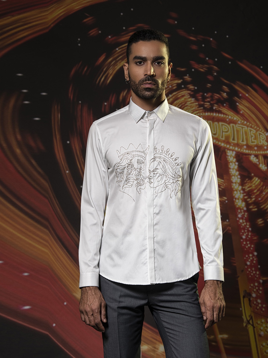 

ABKASA Spread Collar Embroidered Classic Slim Fit Opaque Casual Shirt, White