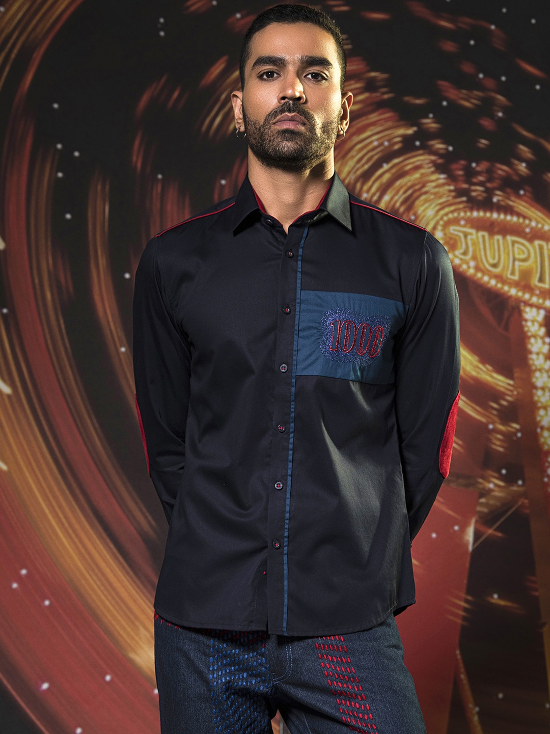 

ABKASA Embroidered Spread Collar Slim Fit Cotton Casual Shirt, Blue