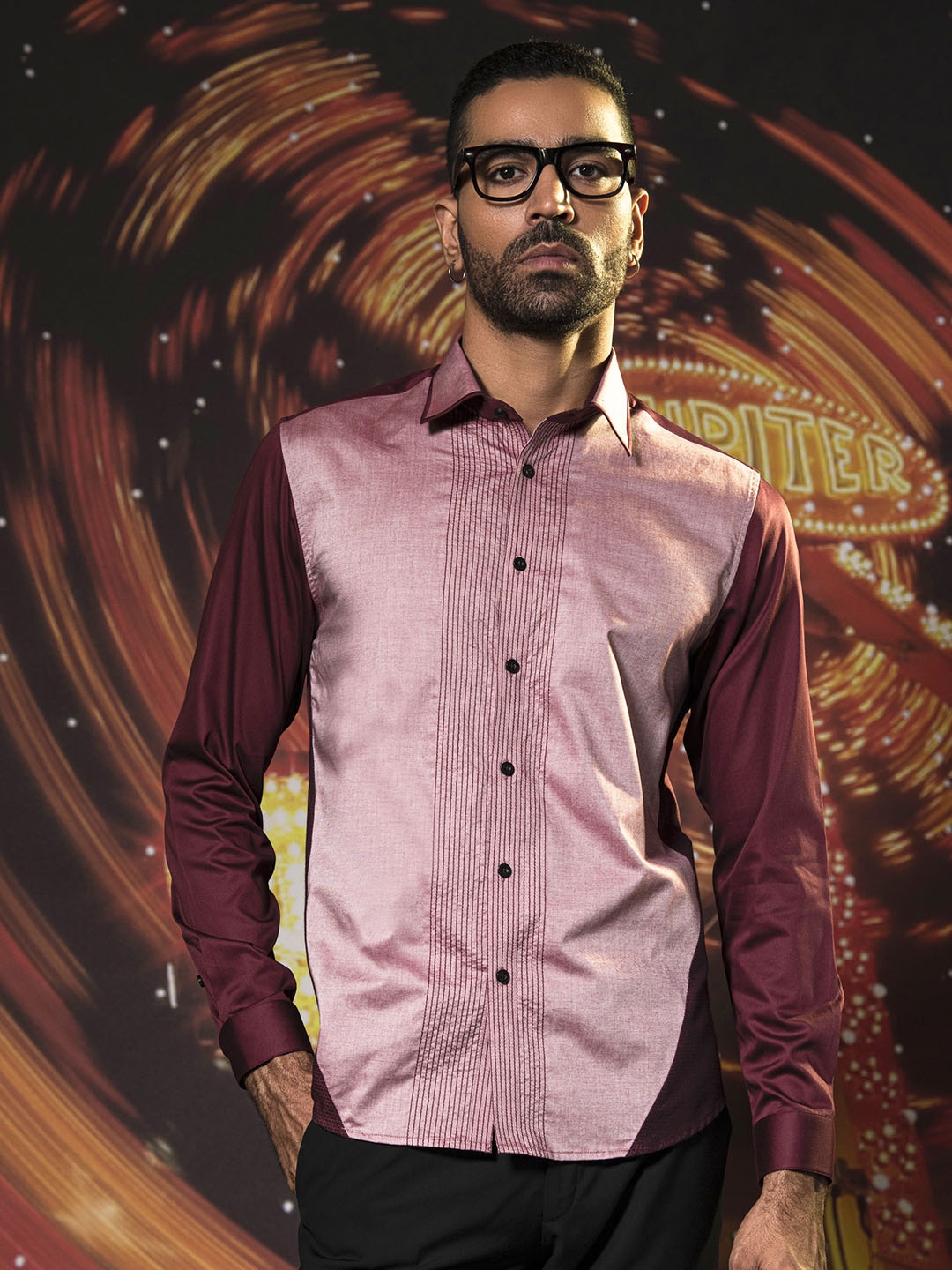 

ABKASA Striped Printed Spread Collar Slim Fit Cotton Casual Shirt, Maroon