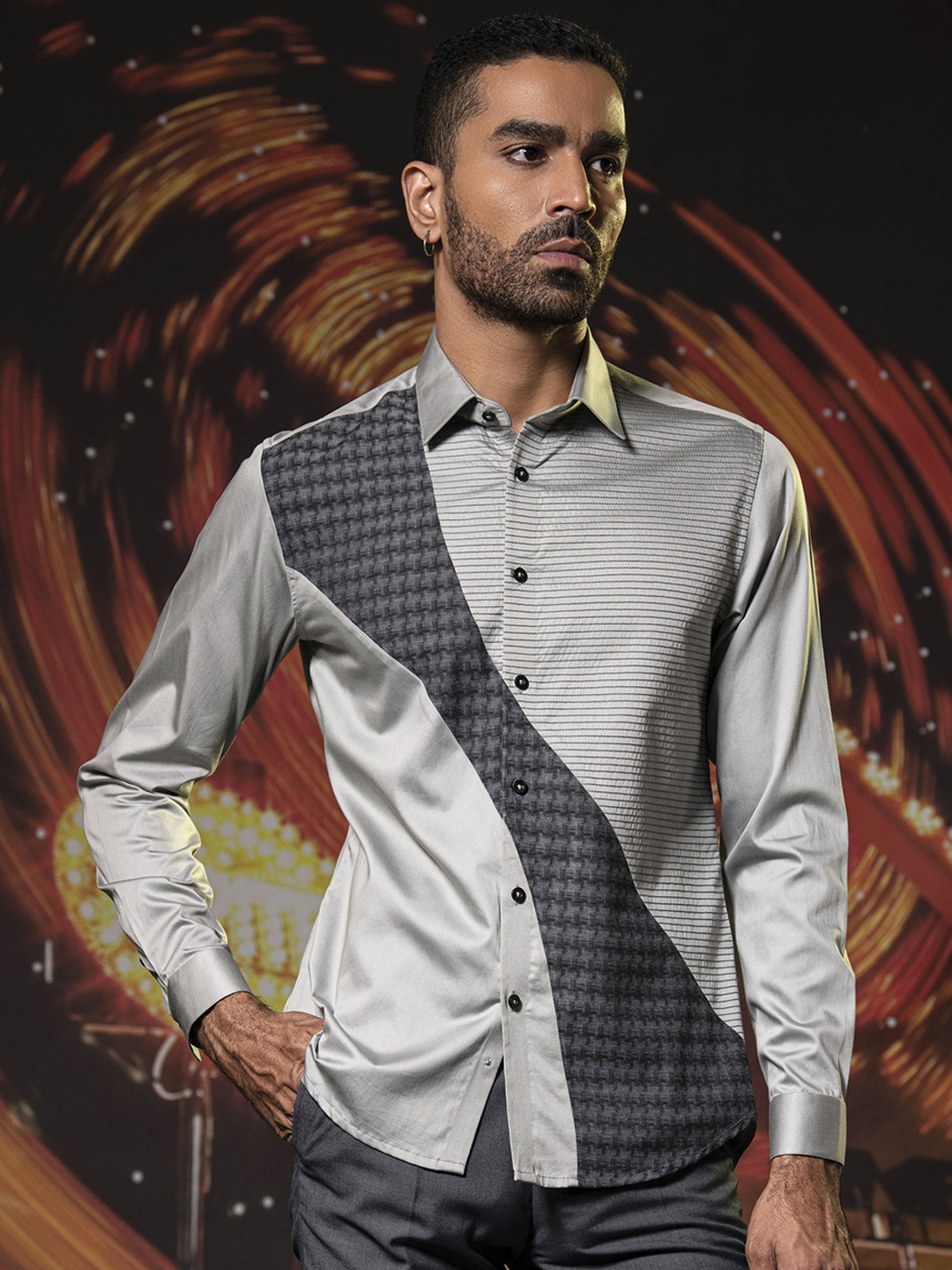 

ABKASA Horizontal Striped Classic Slim Fit Opaque Casual Shirt, Grey