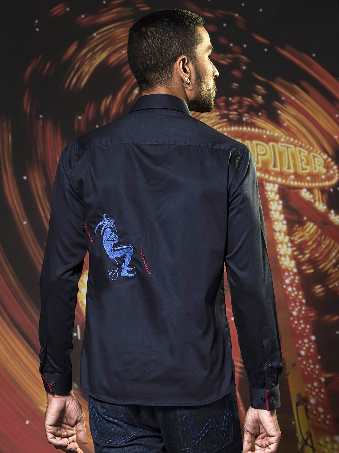 

ABKASA Joker Embroidered Classic Slim Fit Opaque Casual Shirt, Navy blue