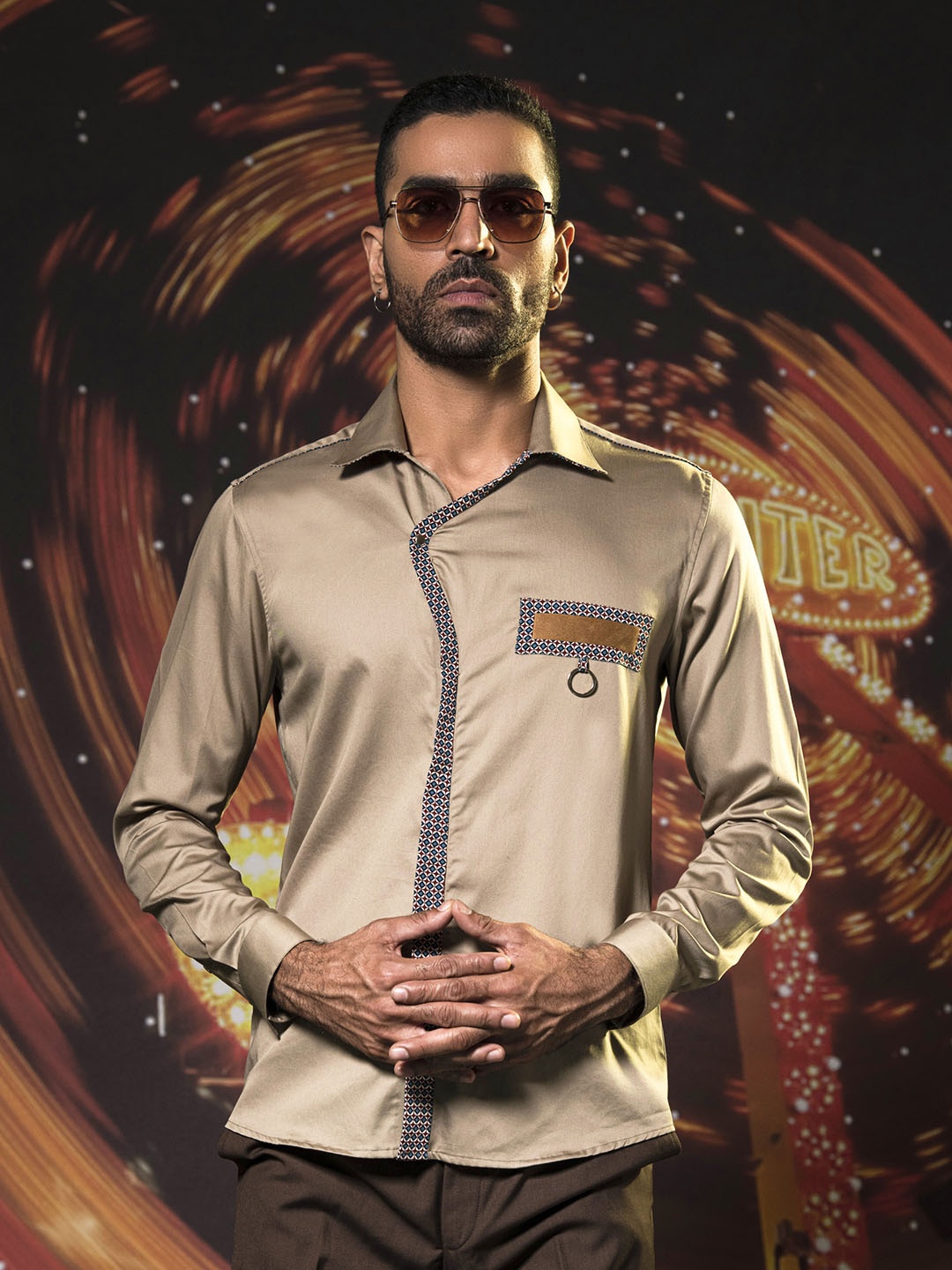 

ABKASA Contrast Placket Spread Collar Classic Slim Fit Opaque Casual Shirt, Bronze