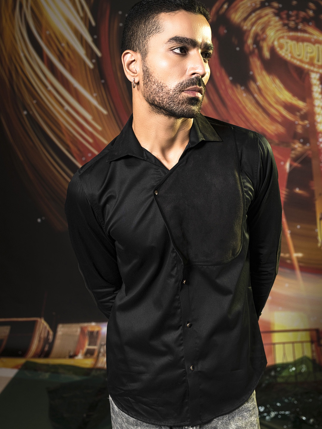 

ABKASA Spread Collar Slim Fit Cotton Casual Shirt, Black