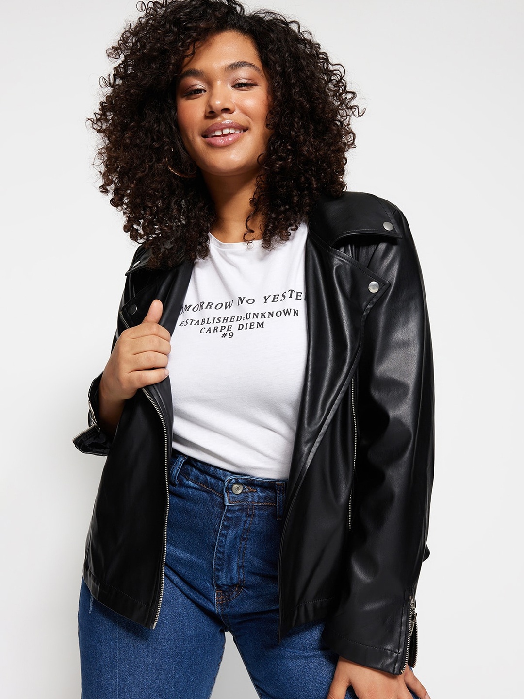 

Trendyol Plus Size Lapel Collar Biker Jacket, Black