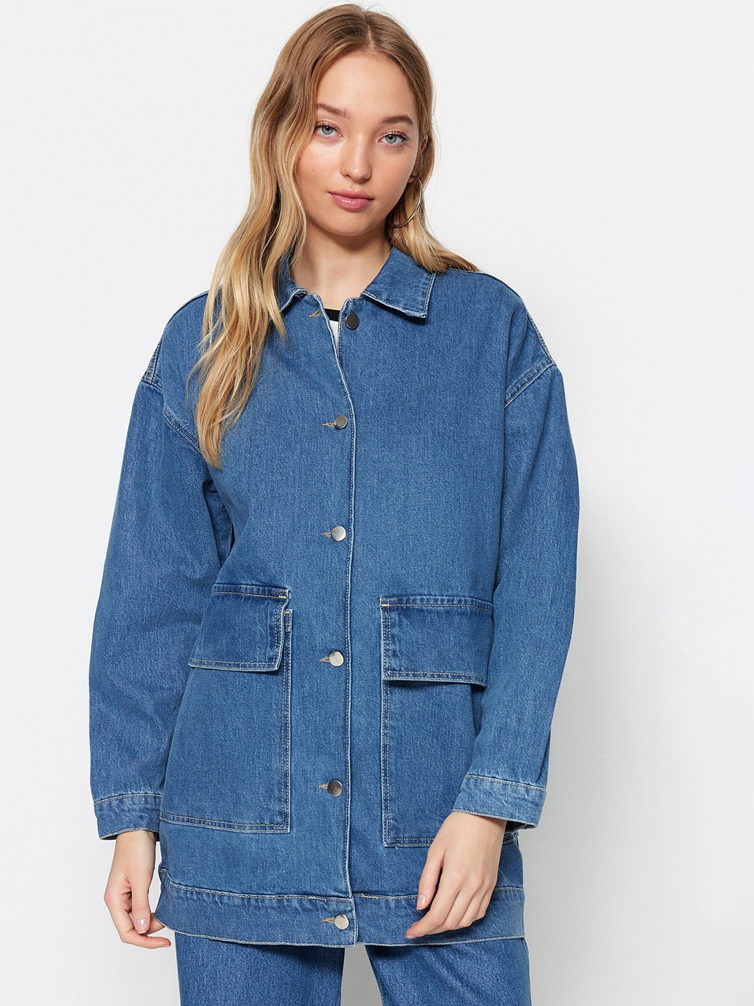 

Trendyol Washed Longline Pure Cotton Denim Jacket, Blue