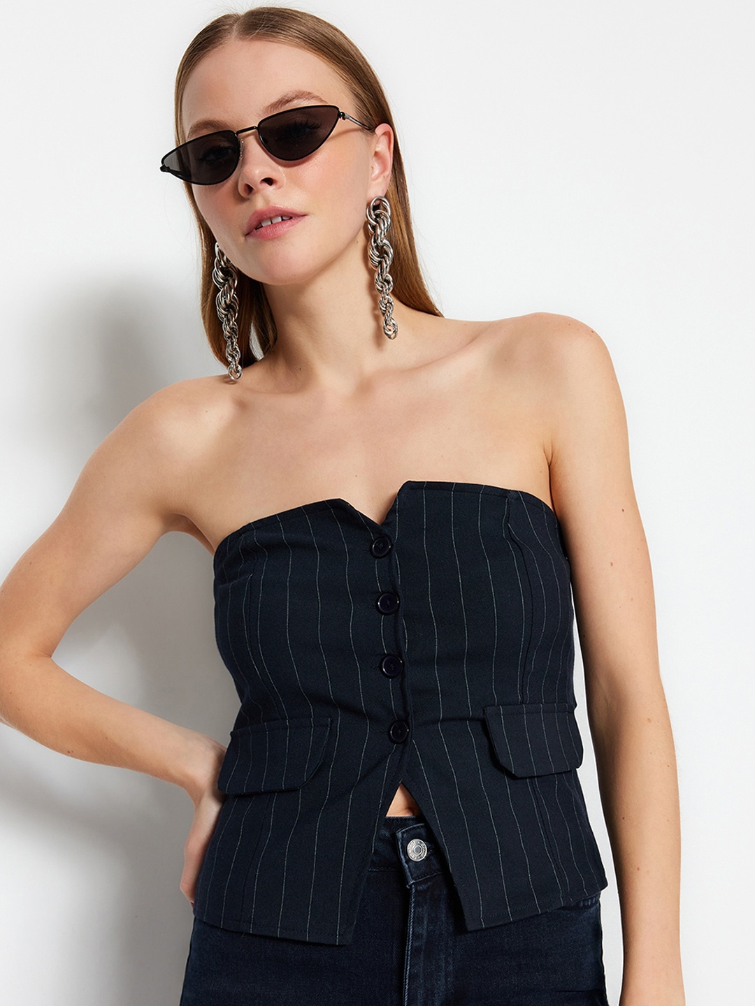 

Trendyol Striped Strapless Tube Top, Navy blue