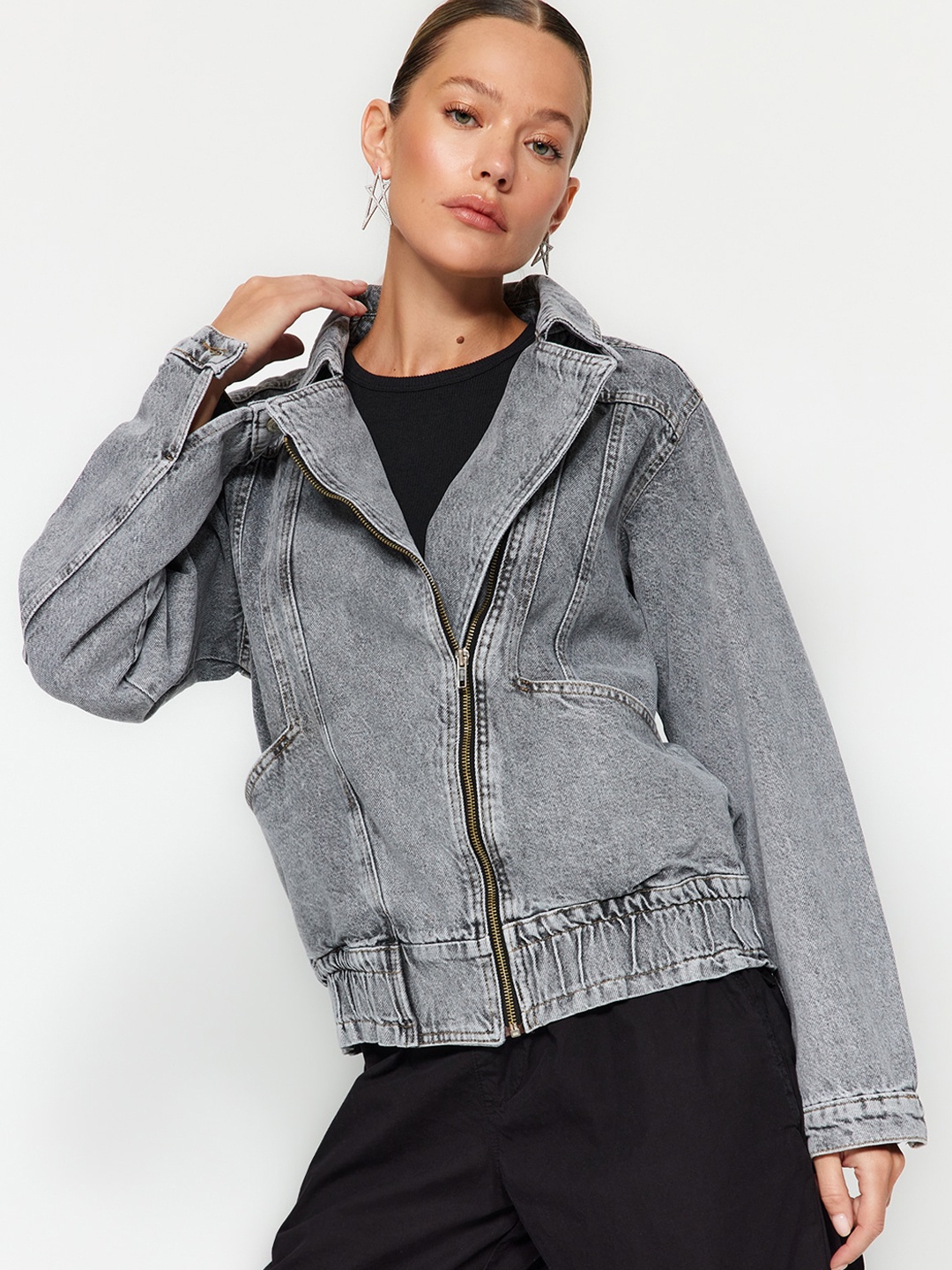 

Trendyol Washed Pure Cotton Denim Jacket, Grey