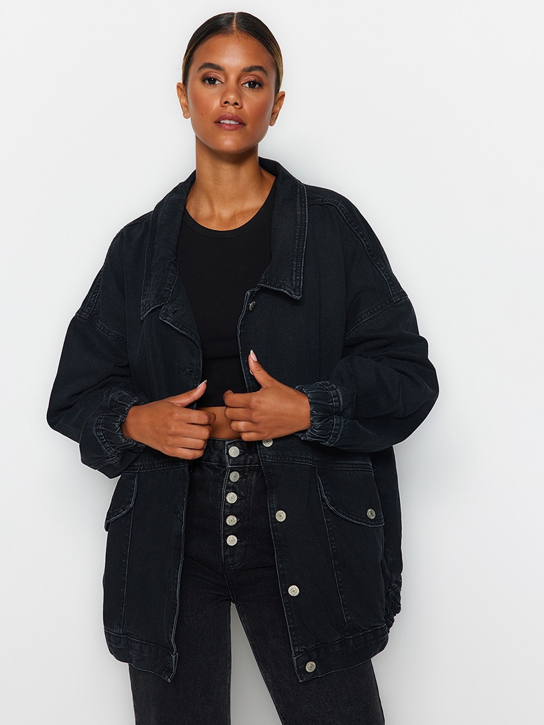 

Trendyol Spread Collar Longline Pure Cotton Denim Jacket, Black