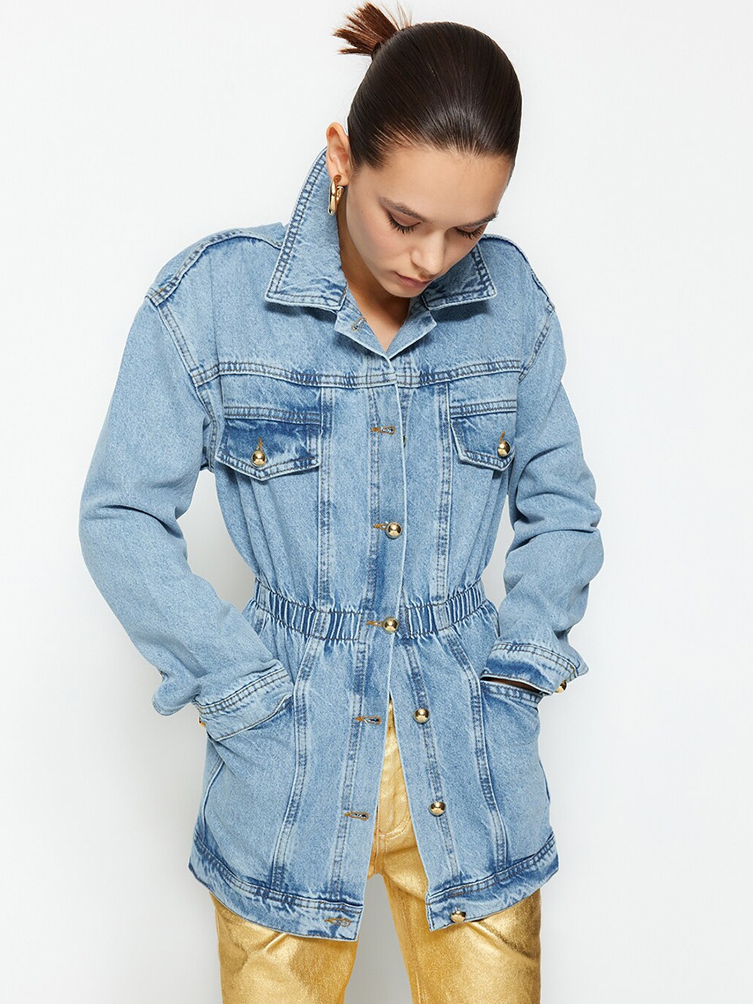 

Trendyol Washed Spread Collar Cotton Longline Denim Jacket, Blue