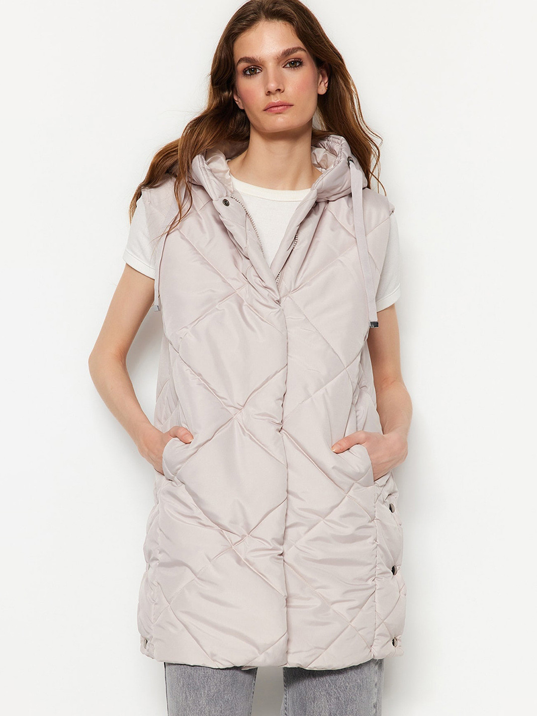 

Trendyol Hooded Longline Quilted Jacket, Beige