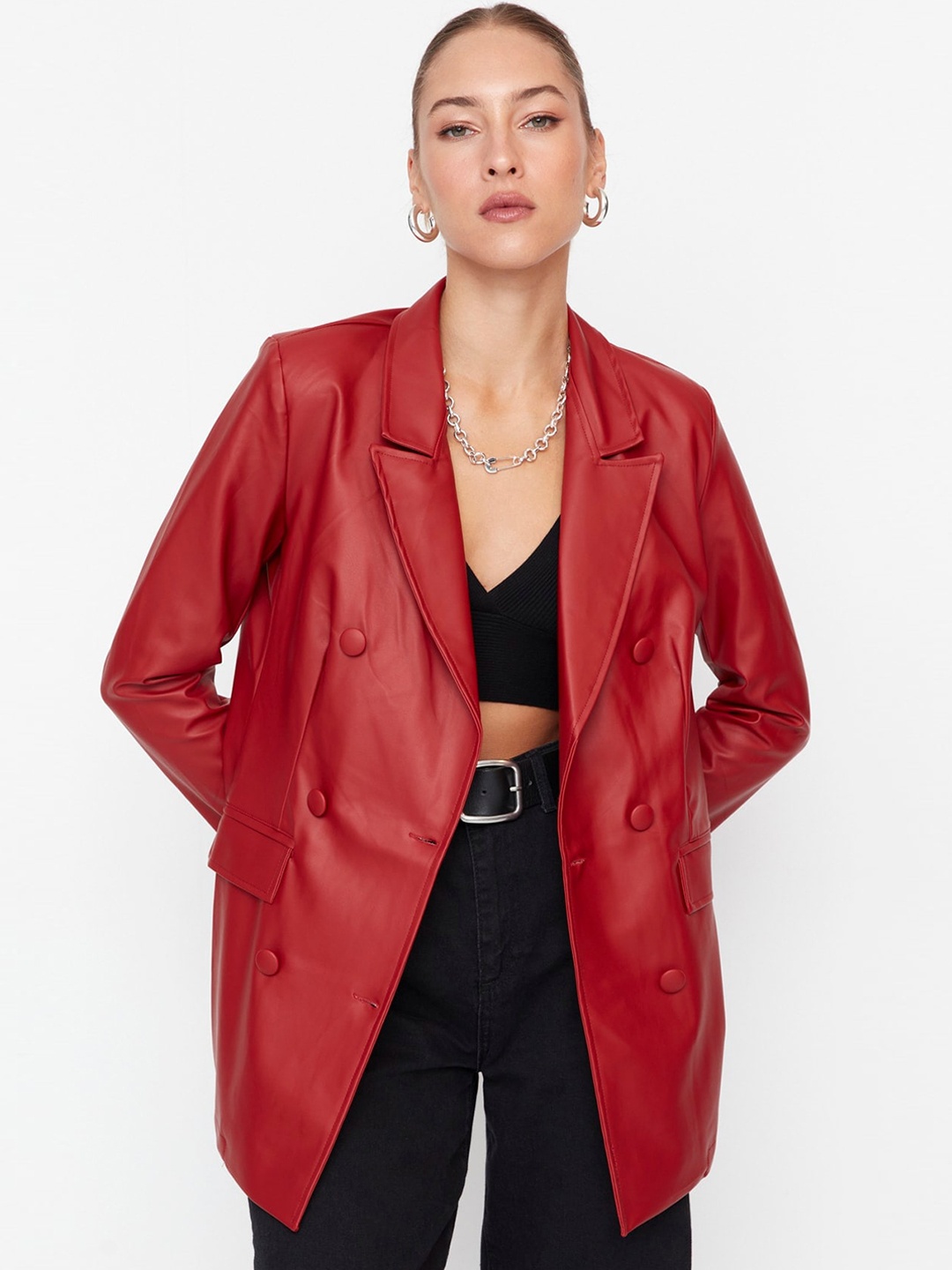 

Trendyol Notched Lapel Double-Breasted Longline Blazer, Red