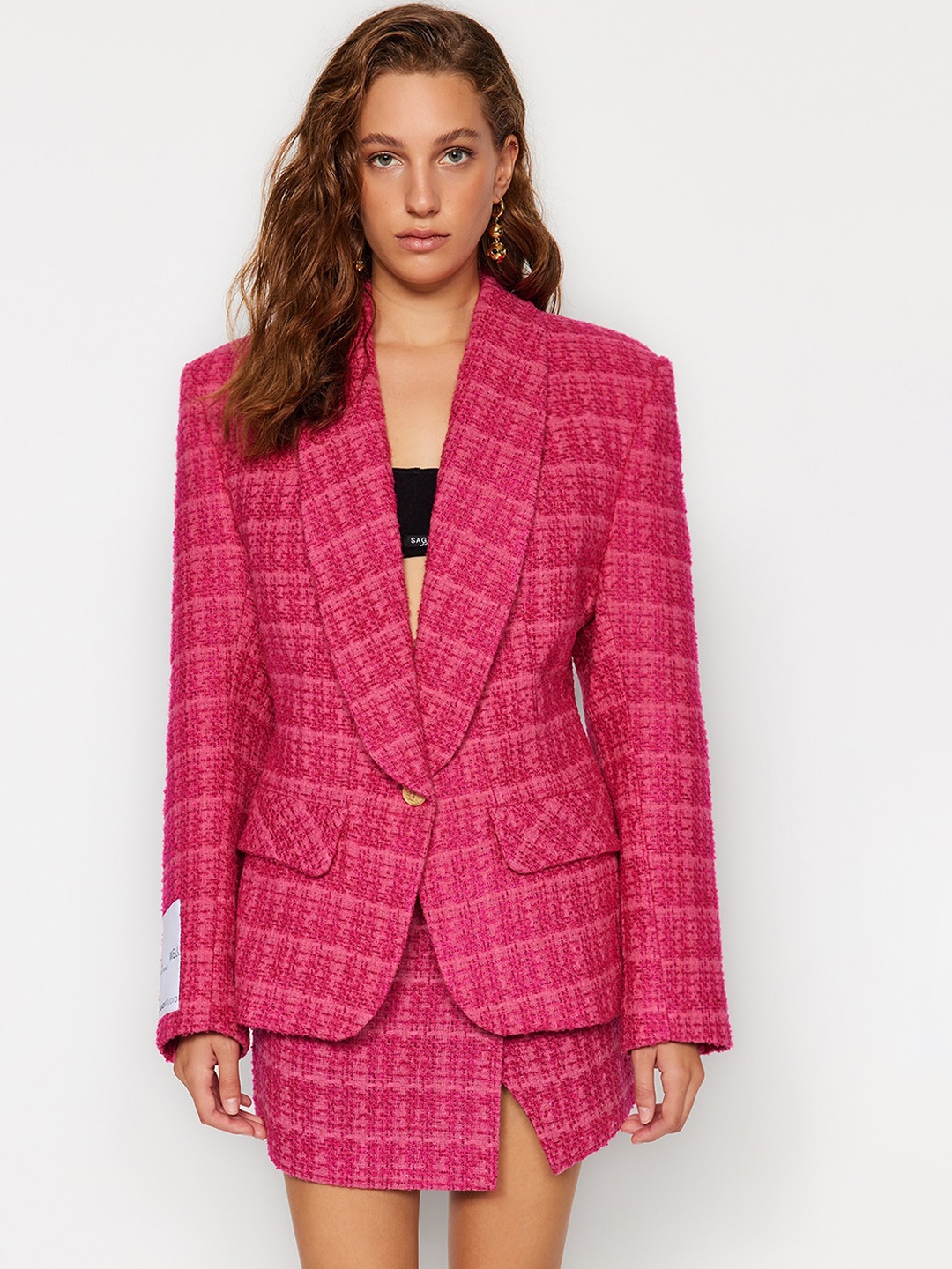 

Trendyol Checked Lapel Collar Acrylic Tailored Jacket, Pink