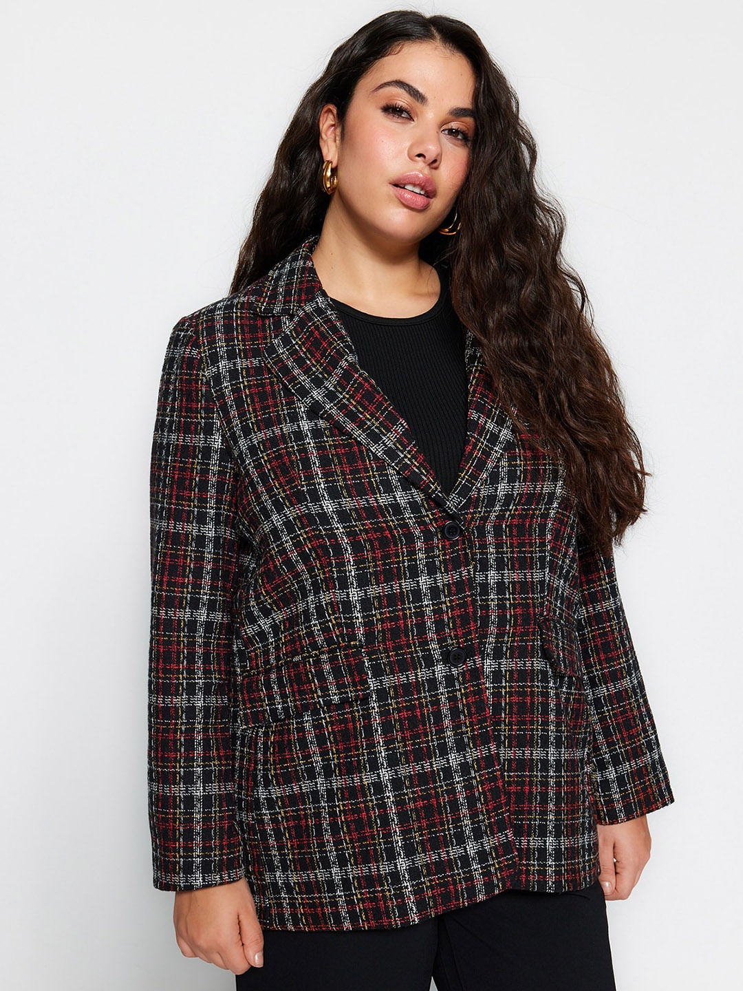 

Trendyol Checked Longline Single-Breasted Blazer, Black
