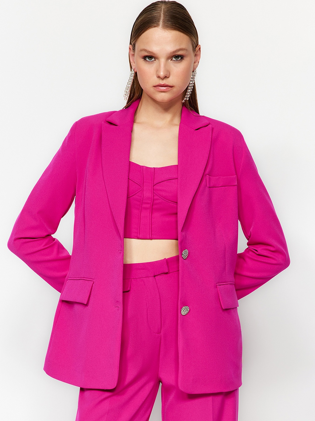 

Trendyol Notched Lapel Single-Breasted Longline Blazer, Pink