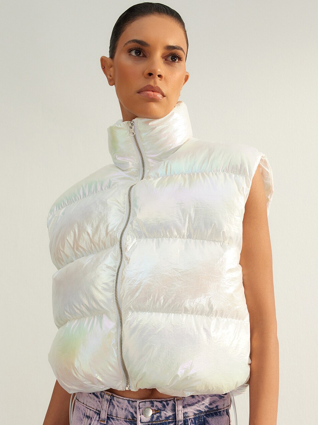 

Trendyol Mock Collar Sleeveless Crop Puffer Jacket, White