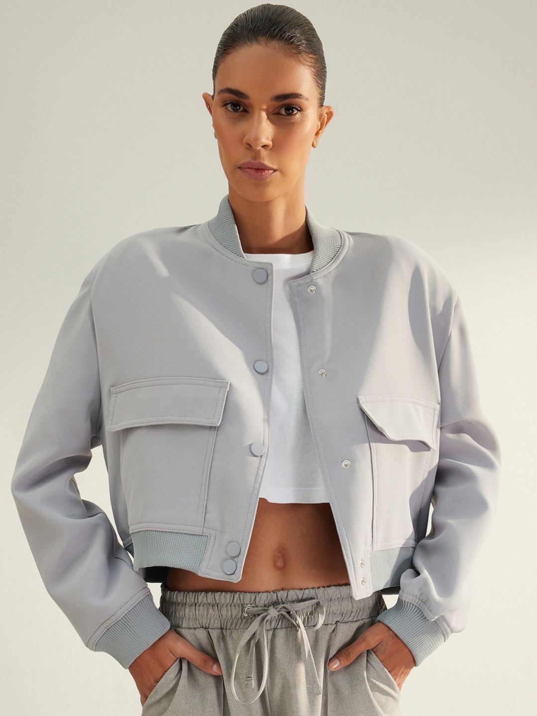 Trendyol Stand Collar Crop Varsity Jacket, Grey