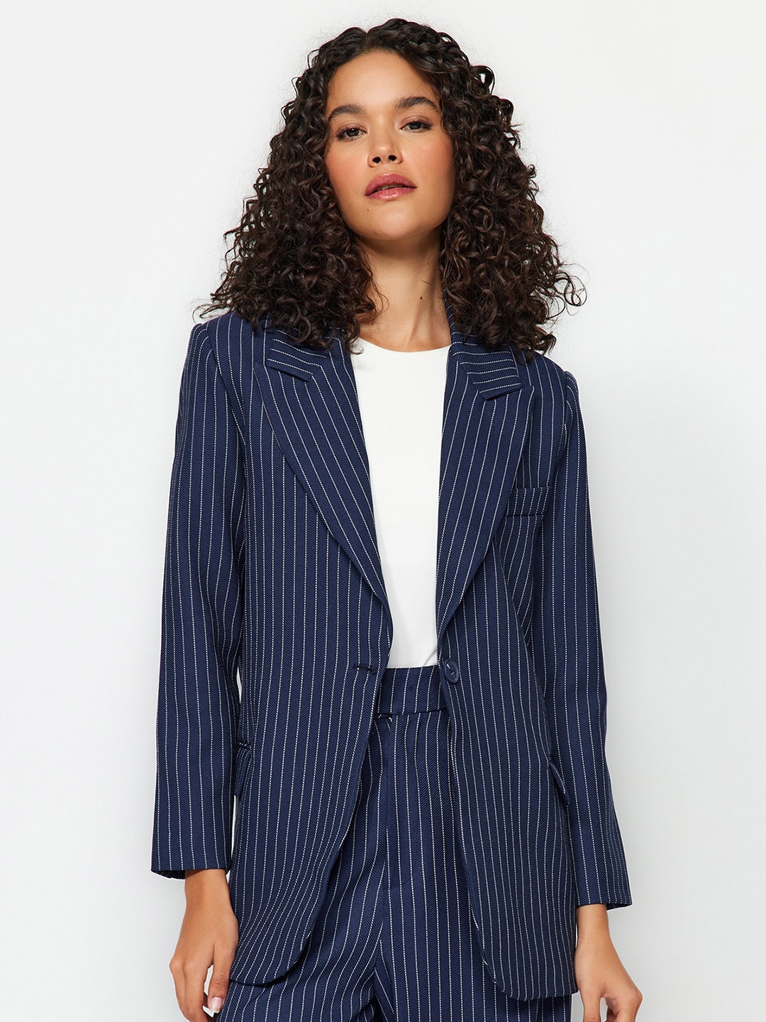 

Trendyol Striped Single-Breasted Blazer, Blue