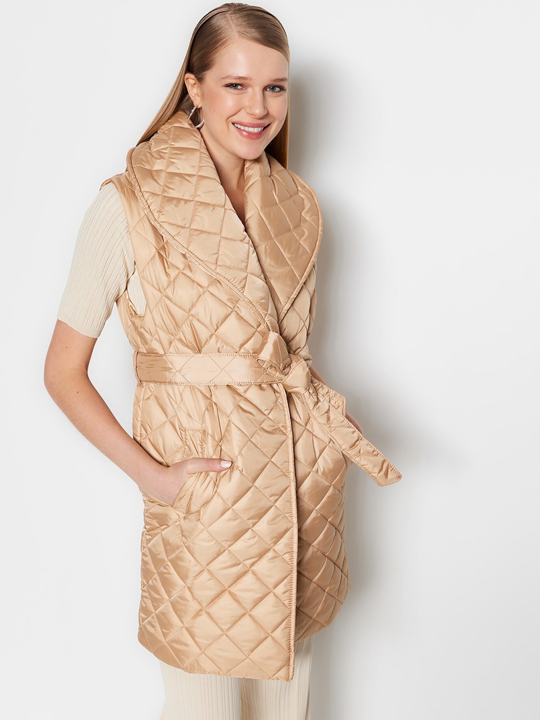 

Trendyol Shawl Collar Longline Quilted Jacket, Beige