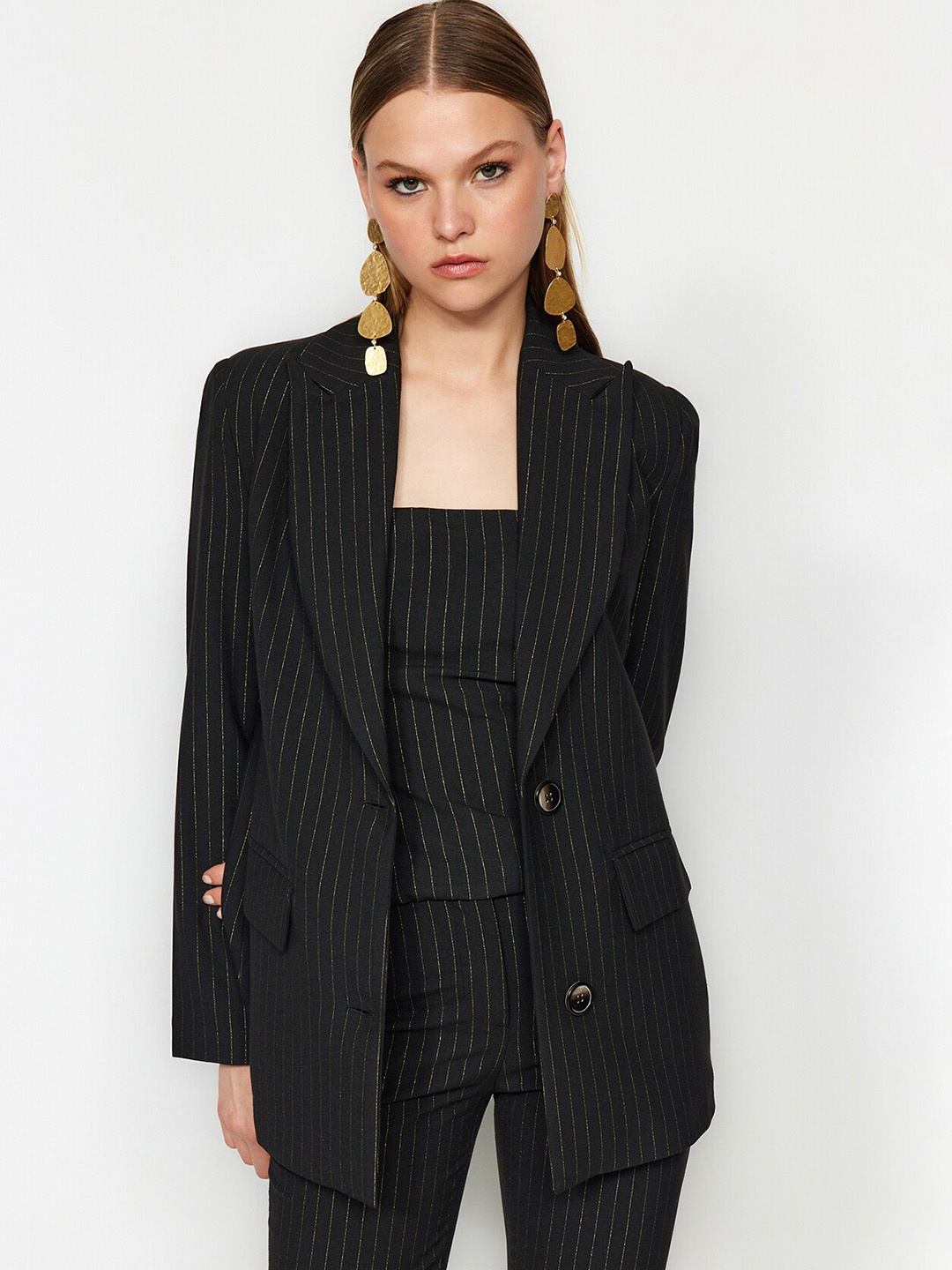 

Trendyol Striped Notched Lapel Collar Blazer, Black
