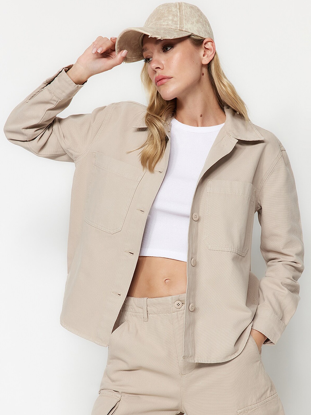 

Trendyol Pure Cotton Denim Jacket, Beige